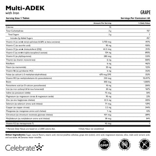 Vitamine Multi-ADEK avec 60mg Fer, A mâcher, Grape
