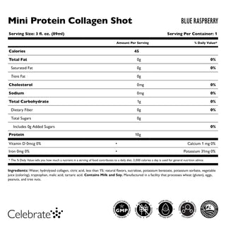 Étiquette nutritionnelle d'un Mini Protéine Collagen Shot saveur blue raspberry, incluant la portion, les calories et les ingrédients.