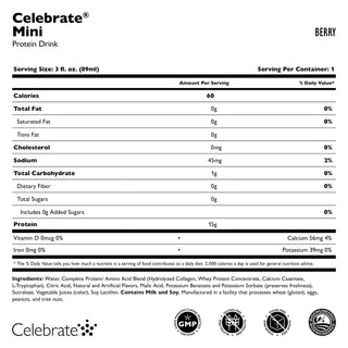 Voedingsetiket voor Celebrate Mini Proteïne Drank Berry smaak op een witte achtergrond
